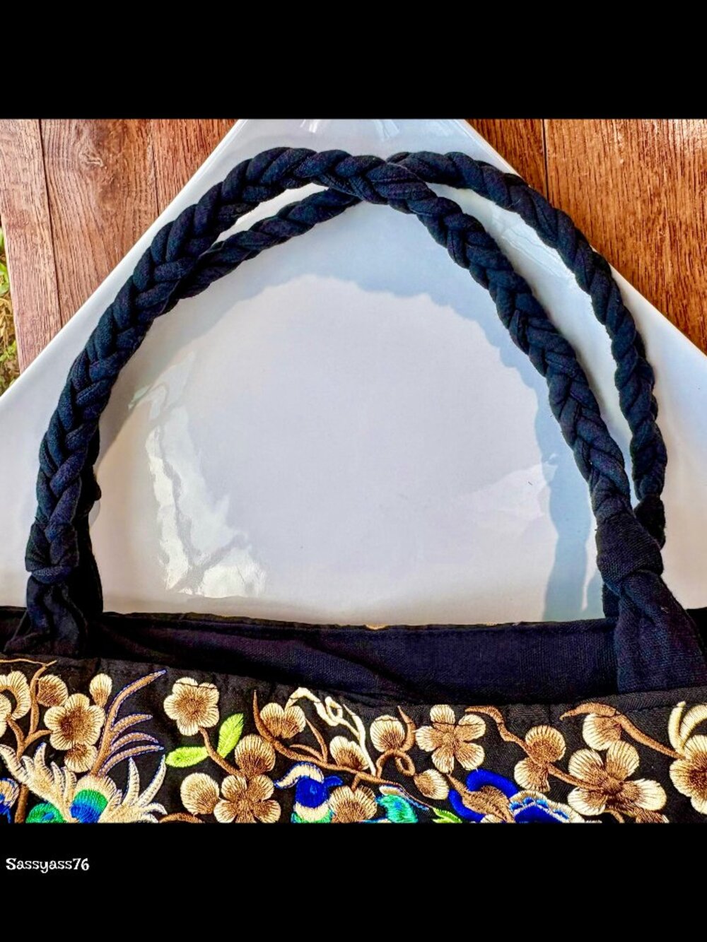 ▪️VTG▪️Large Embroidered Floral Bird Butterfly Braided Straps Cotton Canvas Bag - Picture 8 of 12